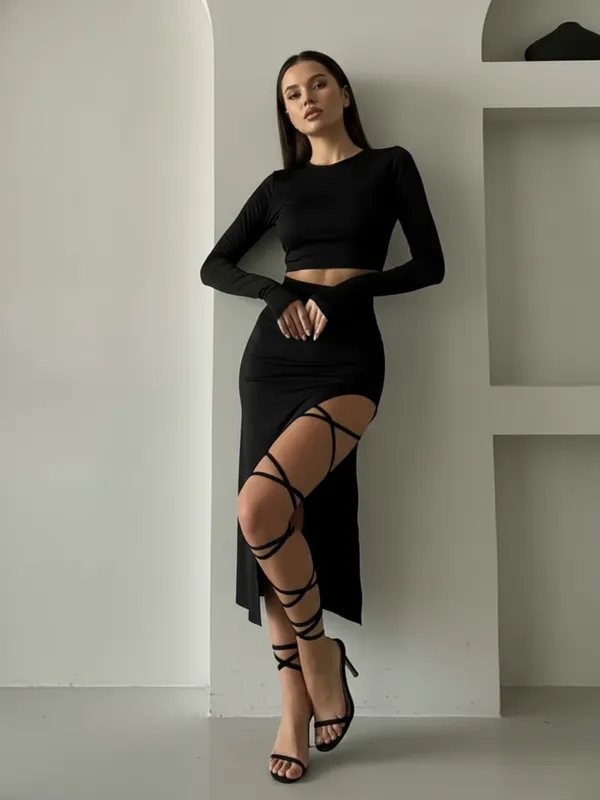 Ekeshwara_Chic_Black_High_Slit_Bodycon_Wrap_Dress_with_Strappy_Leg_Accents|_Model_Height_5.8inch_,_Fabric_All_Way_Stretchable