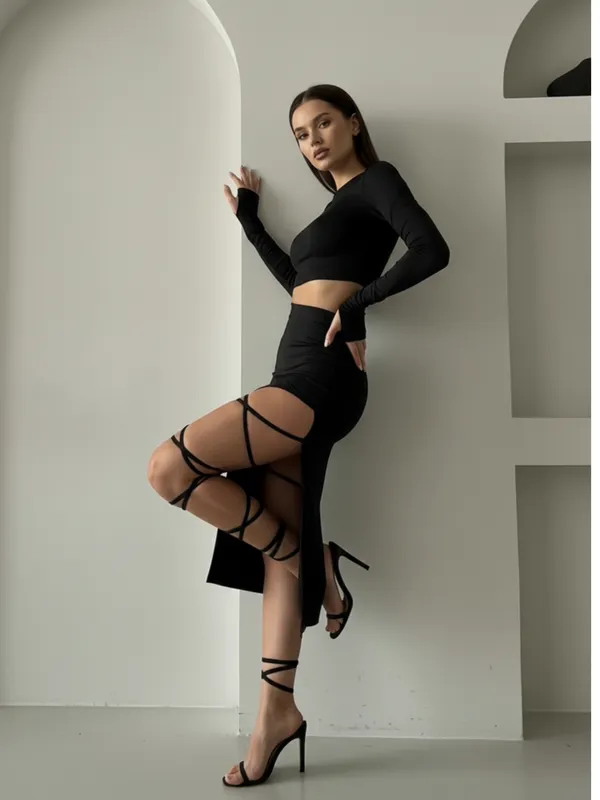 Ekeshwara_Chic_Black_High_Slit_Bodycon_Wrap_Dress_with_Strappy_Leg_Accents|_Model_Height_5.8inch_,_Fabric_All_Way_Stretchable