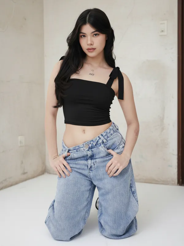 Ekeshwara_Chic_Black_Tie-Strap_Cropped_Top|_Model_Height_5.8inch_,_Fabric_All_Way_Stretchable