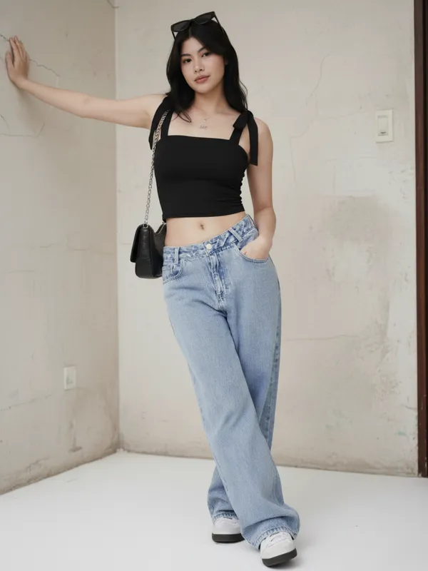 Ekeshwara_Chic_Black_Tie-Strap_Cropped_Top|_Model_Height_5.8inch_,_Fabric_All_Way_Stretchable