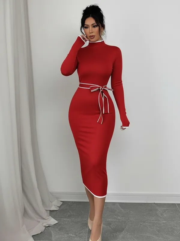 Ekeshwara_Chic_Red_Bodycon_Midi_Dress_with_Contrast_Belt_??High_Neck,_Long_Sleeve|_Model_Height_5.8inch_,_Fabric_All_Way_Stretchable