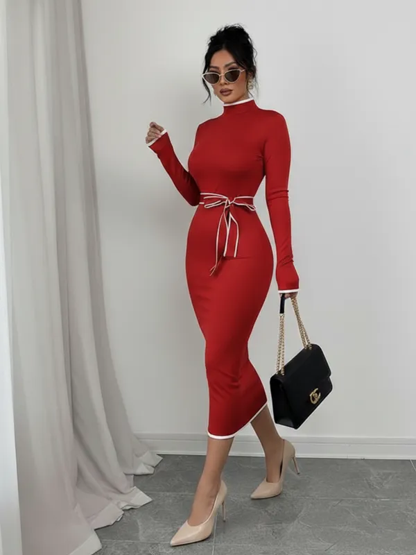 Ekeshwara_Chic_Red_Bodycon_Midi_Dress_with_Contrast_Belt_??High_Neck,_Long_Sleeve|_Model_Height_5.8inch_,_Fabric_All_Way_Stretchable