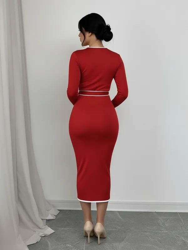 Ekeshwara_Chic_Red_Bodycon_Midi_Dress_with_Contrast_Belt_??High_Neck,_Long_Sleeve|_Model_Height_5.8inch_,_Fabric_All_Way_Stretchable