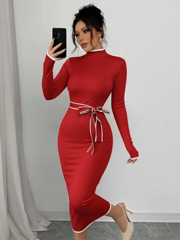 Ekeshwara_Chic_Red_Bodycon_Midi_Dress_with_Contrast_Belt_??High_Neck,_Long_Sleeve|_Model_Height_5.8inch_,_Fabric_All_Way_Stretchable