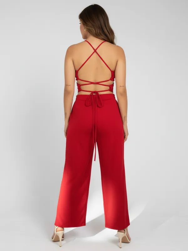 Ekeshwara_Chic_Red_Halter_Neck_Jumpsuit_with_Side_Slits_??Perfect_for_Parties_&_Casual_Glam!|_Model_Height_5.8inch_,_Fabric_All_Way_Stretchable