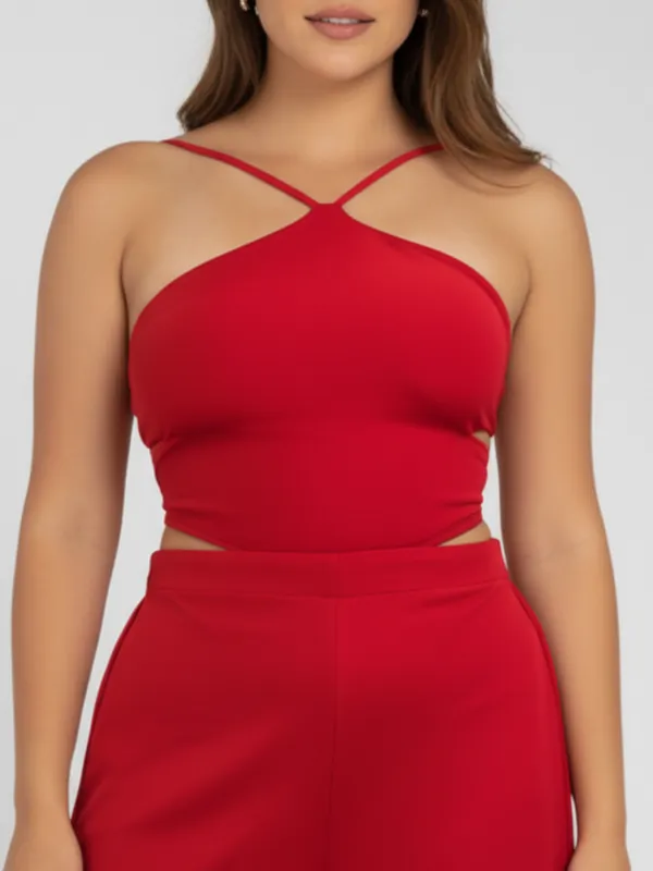 Ekeshwara_Chic_Red_Halter_Neck_Jumpsuit_with_Side_Slits_??Perfect_for_Parties_&_Casual_Glam!|_Model_Height_5.8inch_,_Fabric_All_Way_Stretchable