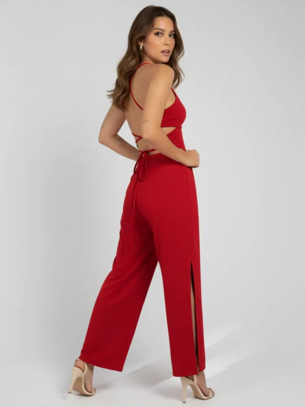 Ekeshwara_Chic_Red_Halter_Neck_Jumpsuit_with_Side_Slits_??Perfect_for_Parties_&_Casual_Glam!|_Model_Height_5.8inch_,_Fabric_All_Way_Stretchable