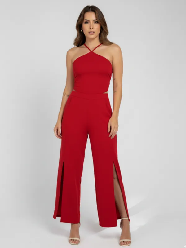 Ekeshwara_Chic_Red_Halter_Neck_Jumpsuit_with_Side_Slits_??Perfect_for_Parties_&_Casual_Glam!|_Model_Height_5.8inch_,_Fabric_All_Way_Stretchable