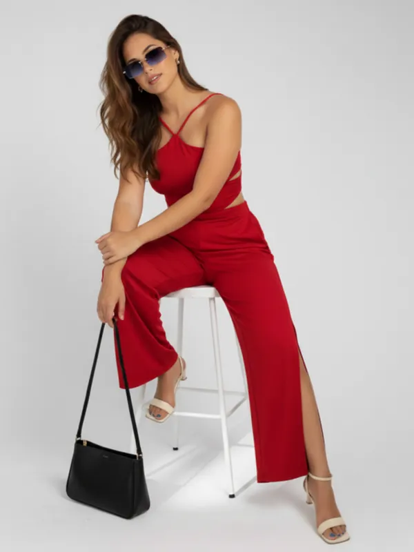 Ekeshwara_Chic_Red_Halter_Neck_Jumpsuit_with_Side_Slits_??Perfect_for_Parties_&_Casual_Glam!|_Model_Height_5.8inch_,_Fabric_All_Way_Stretchable