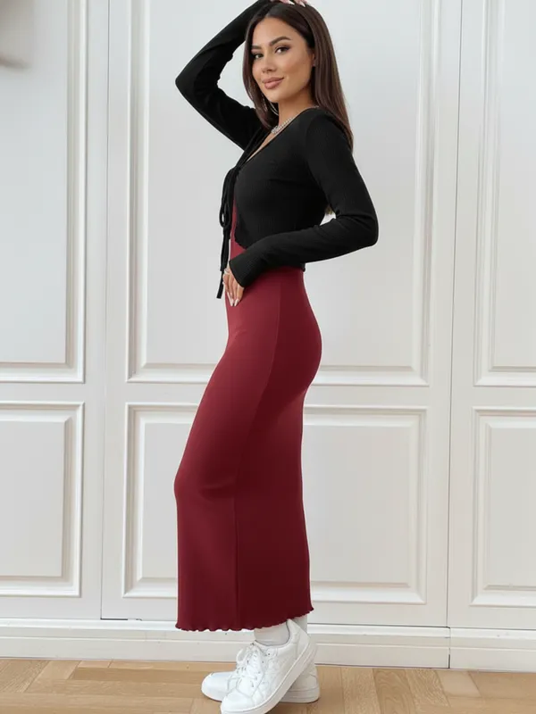 Ekeshwara_Chic_Two-Piece_Knit_Maxi_Dress_Set_?_Maroon_Slip_Dress_with_Black_Tie-Front_Shrug|_Model_Height_5.8inch_,_Fabric_All_Way_Stretchable