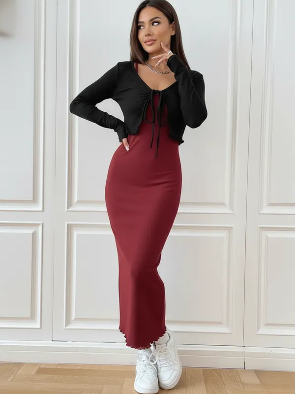 Ekeshwara_Chic_Two-Piece_Knit_Maxi_Dress_Set_?_Maroon_Slip_Dress_with_Black_Tie-Front_Shrug|_Model_Height_5.8inch_,_Fabric_All_Way_Stretchable