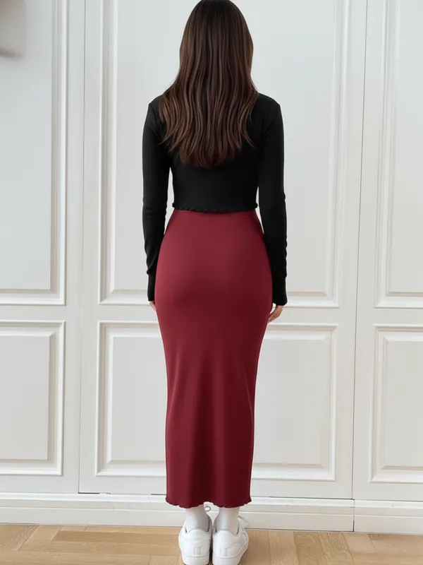 Ekeshwara_Chic_Two-Piece_Knit_Maxi_Dress_Set_?_Maroon_Slip_Dress_with_Black_Tie-Front_Shrug|_Model_Height_5.8inch_,_Fabric_All_Way_Stretchable