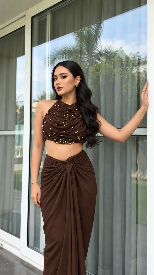 Ekeshwara_Chocolate_Brown_Ruched_Halter_Co-ord_Set_with_Gold_Pearl_Accents_|_Model_Height_5.8inch_,_Fabric_All_Way_Stretchable