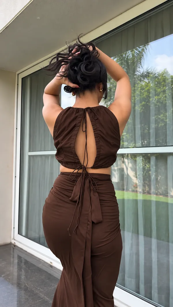 Ekeshwara_Chocolate_Brown_Ruched_Halter_Co-ord_Set_with_Gold_Pearl_Accents_|_Model_Height_5.8inch_,_Fabric_All_Way_Stretchable
