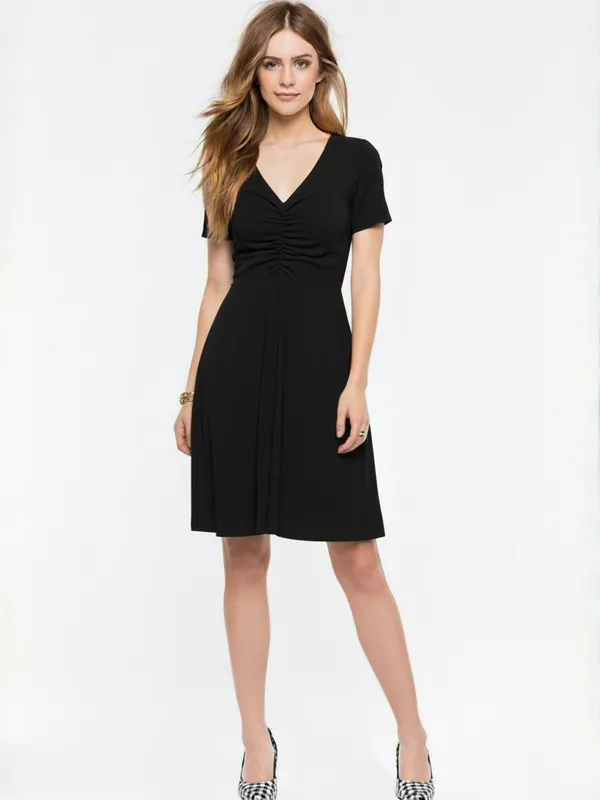 Ekeshwara_Classic_Black_Ruched_V-Neck_A-Line_Midi_Dress|_Model_Height_5.8inch_,_Fabric_All_Way_Stretchable