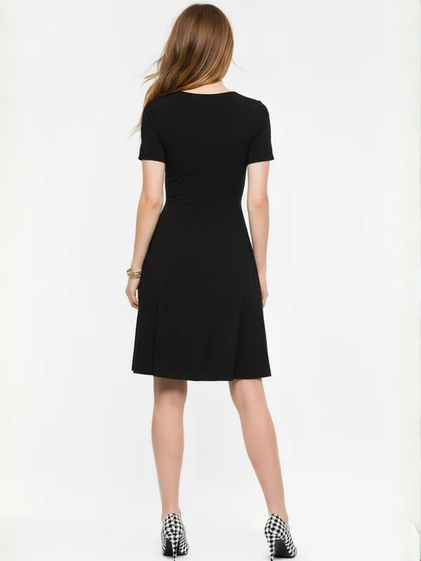 Ekeshwara_Classic_Black_Ruched_V-Neck_A-Line_Midi_Dress|_Model_Height_5.8inch_,_Fabric_All_Way_Stretchable