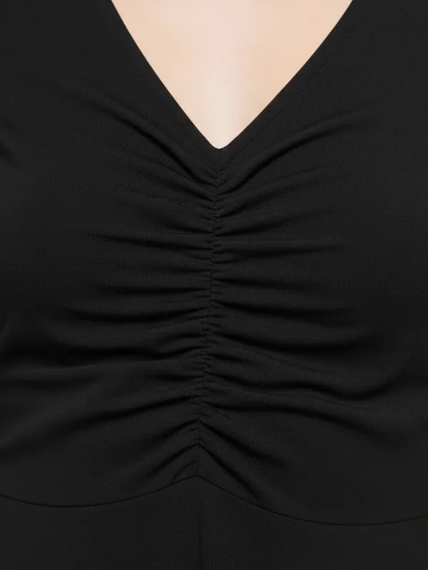 Ekeshwara_Classic_Black_Ruched_V-Neck_A-Line_Midi_Dress|_Model_Height_5.8inch_,_Fabric_All_Way_Stretchable