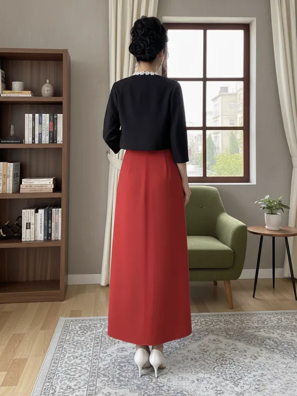 Ekeshwara_Classic_Red_Sleeveless_Midi_Dress_with_Black_Pearl-Trimmed_Shrug|_Model_Height_5.8inch_,_Fabric_All_Way_Stretchable