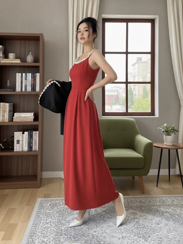 Ekeshwara_Classic_Red_Sleeveless_Midi_Dress_with_Black_Pearl-Trimmed_Shrug|_Model_Height_5.8inch_,_Fabric_All_Way_Stretchable