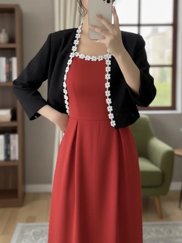 Ekeshwara_Classic_Red_Sleeveless_Midi_Dress_with_Black_Pearl-Trimmed_Shrug|_Model_Height_5.8inch_,_Fabric_All_Way_Stretchable