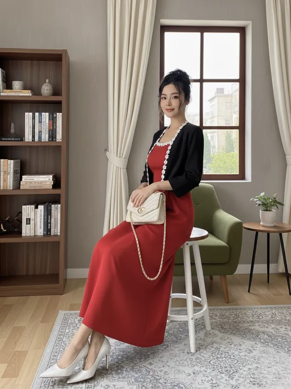 Ekeshwara_Classic_Red_Sleeveless_Midi_Dress_with_Black_Pearl-Trimmed_Shrug|_Model_Height_5.8inch_,_Fabric_All_Way_Stretchable