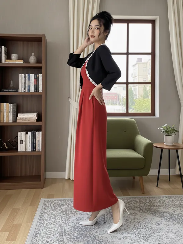 Ekeshwara_Classic_Red_Sleeveless_Midi_Dress_with_Black_Pearl-Trimmed_Shrug|_Model_Height_5.8inch_,_Fabric_All_Way_Stretchable