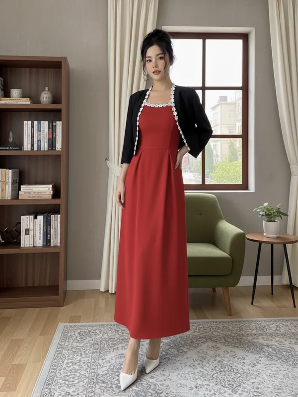 Ekeshwara_Classic_Red_Sleeveless_Midi_Dress_with_Black_Pearl-Trimmed_Shrug|_Model_Height_5.8inch_,_Fabric_All_Way_Stretchable