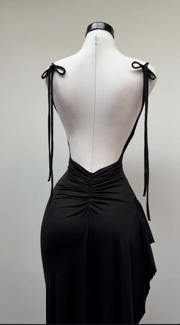Ekeshwara_Cowl-Neck_Cascade_Thigh-Slit_Maxi_Dress_–_Midnight_Noir|_Model_Height_5.8inch_,_Fabric_All_Way_Stretchable