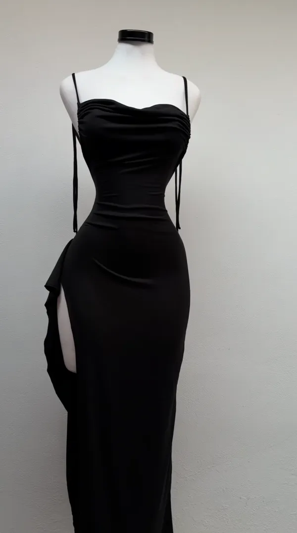 Ekeshwara_Cowl-Neck_Cascade_Thigh-Slit_Maxi_Dress_–_Midnight_Noir|_Model_Height_5.8inch_,_Fabric_All_Way_Stretchable