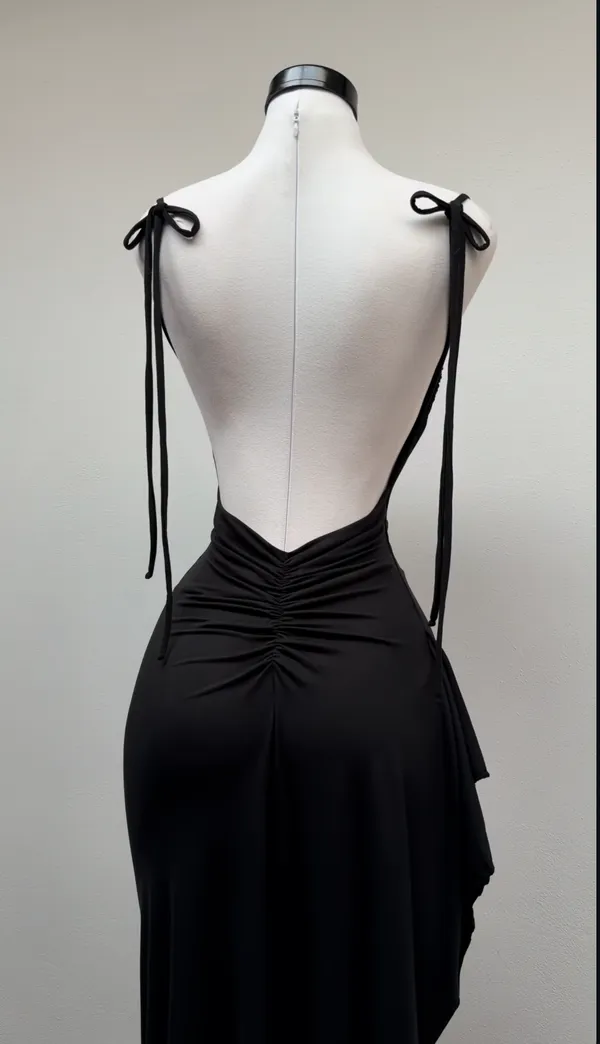 Ekeshwara_Cowl-Neck_Cascade_Thigh-Slit_Maxi_Dress_–_Midnight_Noir|_Model_Height_5.8inch_,_Fabric_All_Way_Stretchable
