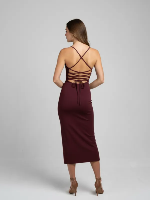 Ekeshwara_Crimson_Desire_Backless_Bodycon_Dress_with_Side_Slit_&_Lace-Up_Detail|_Model_Height_5.8inch_,_Fabric_All_Way_Stretchable
