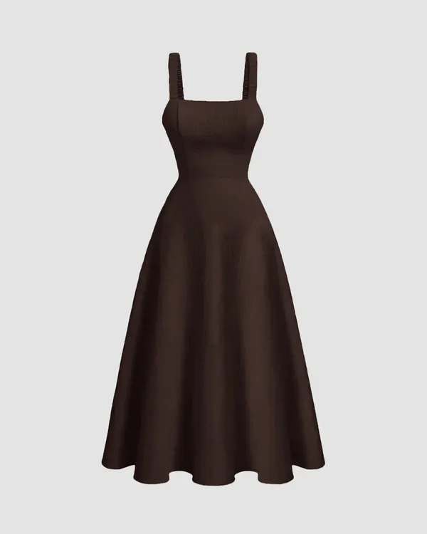 Ekeshwara_Criss-Cross_Backless_Flared_Midi_Dress_–_Rich_Chocolate|_Model_Height_5.8inch_,_Fabric_All_Way_Stretchable