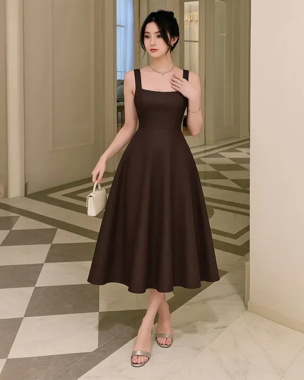 Ekeshwara_Criss-Cross_Backless_Flared_Midi_Dress_–_Rich_Chocolate|_Model_Height_5.8inch_,_Fabric_All_Way_Stretchable
