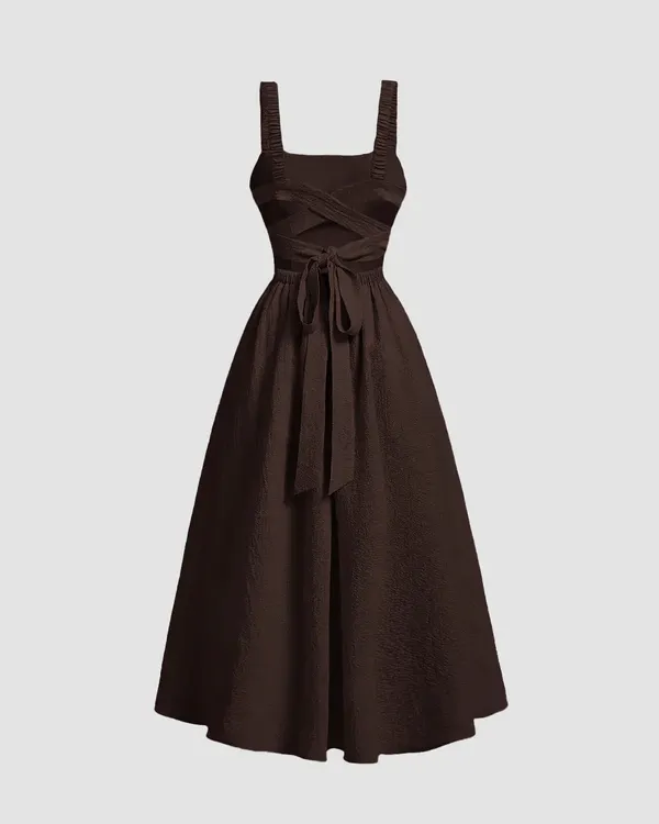 Ekeshwara_Criss-Cross_Backless_Flared_Midi_Dress_–_Rich_Chocolate|_Model_Height_5.8inch_,_Fabric_All_Way_Stretchable