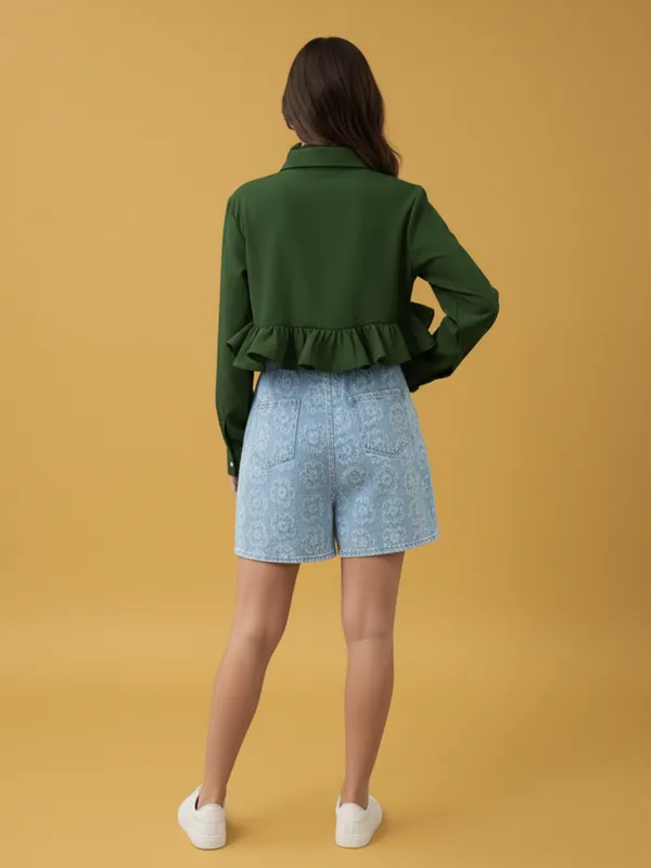 Ekeshwara_Designer_Olive_Green_Ruffle_Hem_Shirt_Top_with_Choker_Rose_Detail|_Model_Height_5.8inch_,_Fabric_All_Way_Stretchable