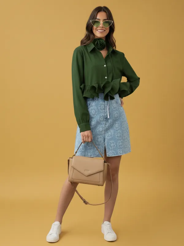 Ekeshwara_Designer_Olive_Green_Ruffle_Hem_Shirt_Top_with_Choker_Rose_Detail|_Model_Height_5.8inch_,_Fabric_All_Way_Stretchable