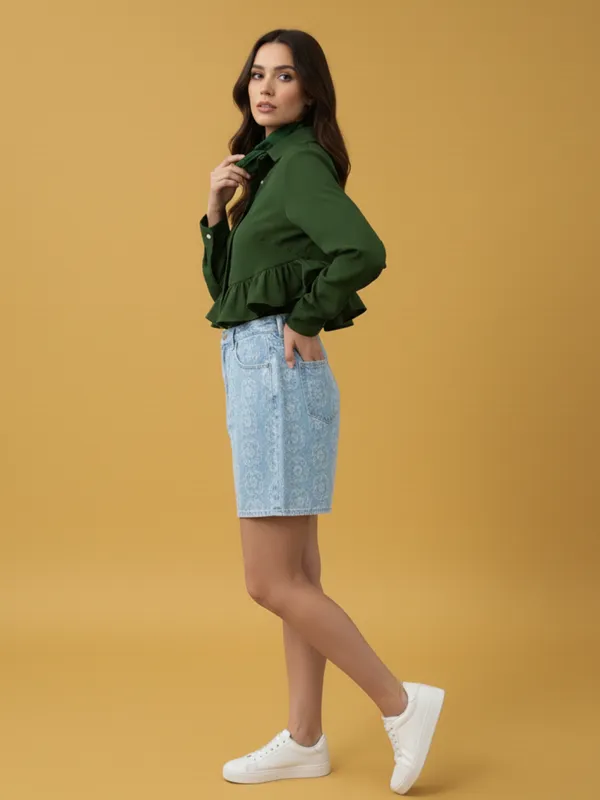Ekeshwara_Designer_Olive_Green_Ruffle_Hem_Shirt_Top_with_Choker_Rose_Detail|_Model_Height_5.8inch_,_Fabric_All_Way_Stretchable