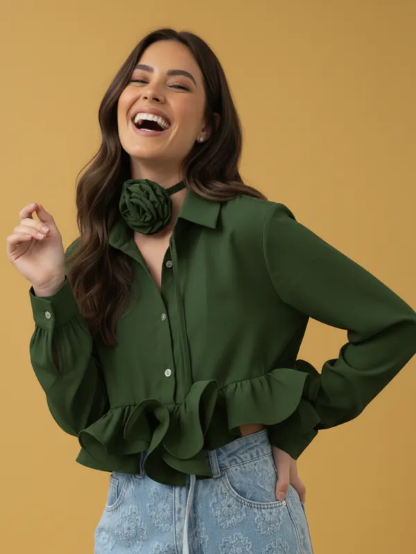 Ekeshwara_Designer_Olive_Green_Ruffle_Hem_Shirt_Top_with_Choker_Rose_Detail|_Model_Height_5.8inch_,_Fabric_All_Way_Stretchable