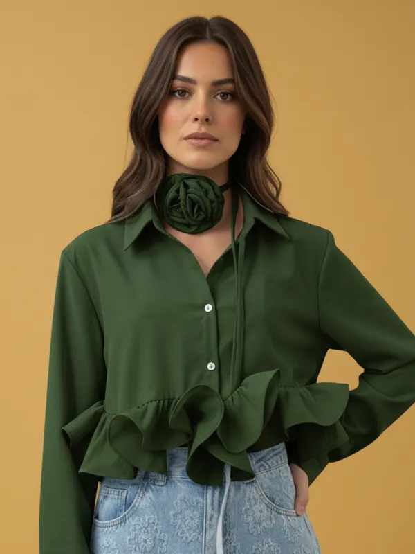 Ekeshwara_Designer_Olive_Green_Ruffle_Hem_Shirt_Top_with_Choker_Rose_Detail|_Model_Height_5.8inch_,_Fabric_All_Way_Stretchable