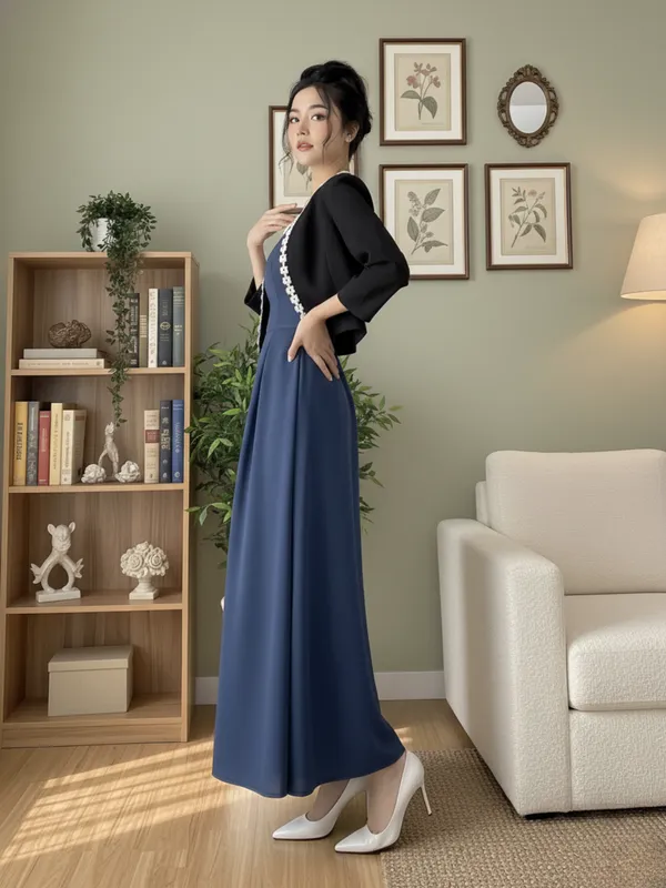 Ekeshwara_Elegant_Airforce_Blue_Sleeveless_Midi_Dress_with_Black_Pearl-Embellished_Shrug|_Model_Height_5.8inch_,_Fabric_All_Way_Stretchable
