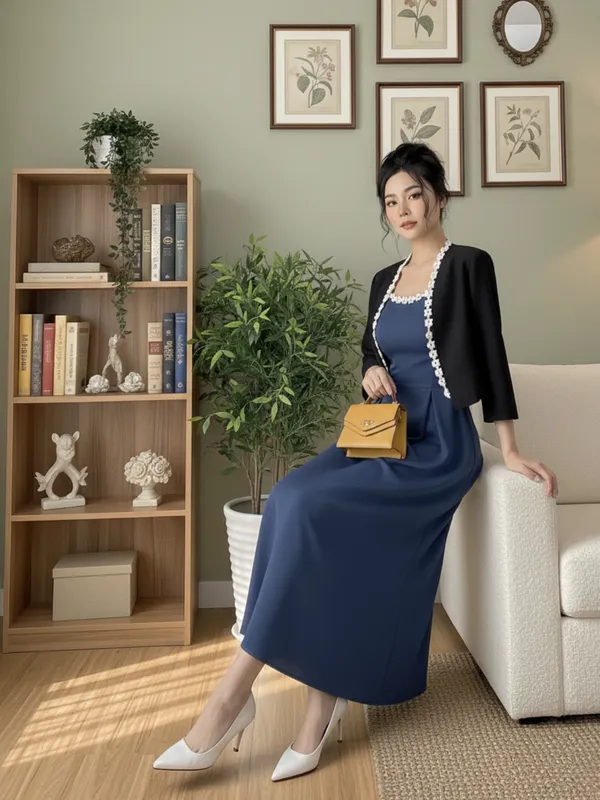 Ekeshwara_Elegant_Airforce_Blue_Sleeveless_Midi_Dress_with_Black_Pearl-Embellished_Shrug|_Model_Height_5.8inch_,_Fabric_All_Way_Stretchable