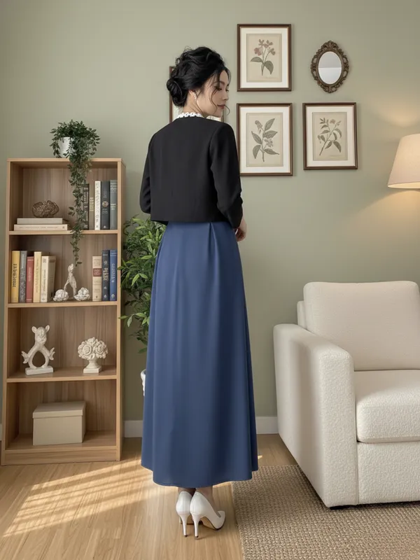 Ekeshwara_Elegant_Airforce_Blue_Sleeveless_Midi_Dress_with_Black_Pearl-Embellished_Shrug|_Model_Height_5.8inch_,_Fabric_All_Way_Stretchable