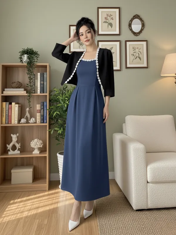 Ekeshwara_Elegant_Airforce_Blue_Sleeveless_Midi_Dress_with_Black_Pearl-Embellished_Shrug|_Model_Height_5.8inch_,_Fabric_All_Way_Stretchable