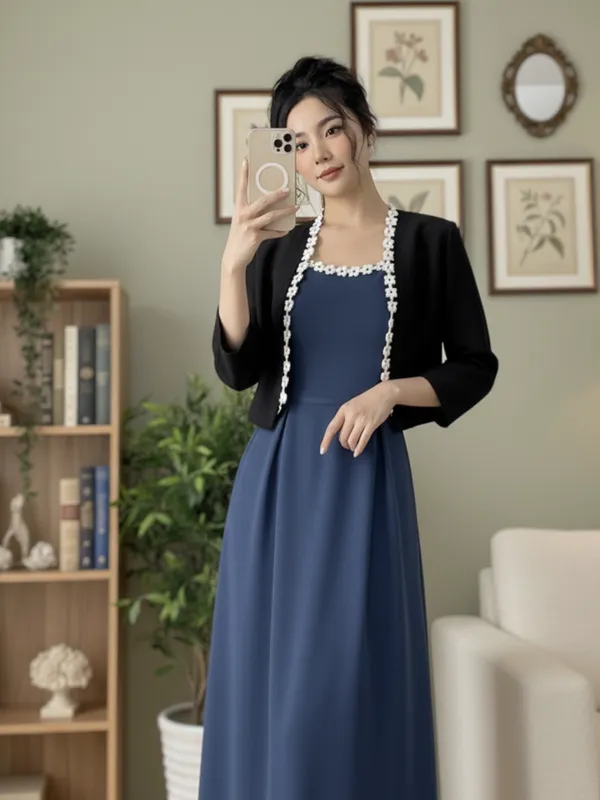 Ekeshwara_Elegant_Airforce_Blue_Sleeveless_Midi_Dress_with_Black_Pearl-Embellished_Shrug|_Model_Height_5.8inch_,_Fabric_All_Way_Stretchable