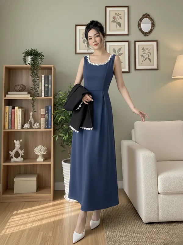 Ekeshwara_Elegant_Airforce_Blue_Sleeveless_Midi_Dress_with_Black_Pearl-Embellished_Shrug|_Model_Height_5.8inch_,_Fabric_All_Way_Stretchable