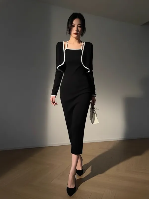 Ekeshwara_Elegant_Black_Bodycon_Midi_Dress_with_Contrast_Piping|_Model_Height_5.8inch_,_Fabric_All_Way_Stretchable