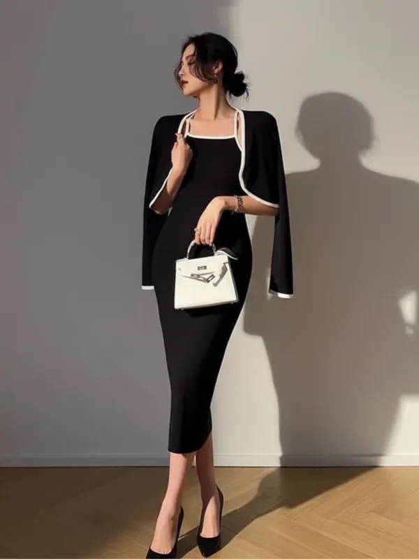 Ekeshwara_Elegant_Black_Bodycon_Midi_Dress_with_Contrast_Piping|_Model_Height_5.8inch_,_Fabric_All_Way_Stretchable