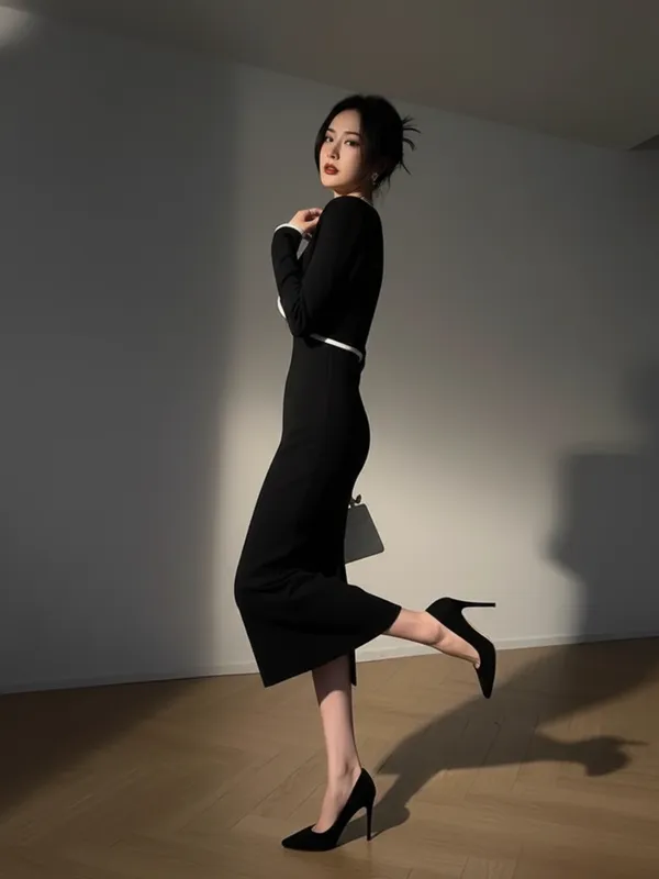 Ekeshwara_Elegant_Black_Bodycon_Midi_Dress_with_Contrast_Piping|_Model_Height_5.8inch_,_Fabric_All_Way_Stretchable