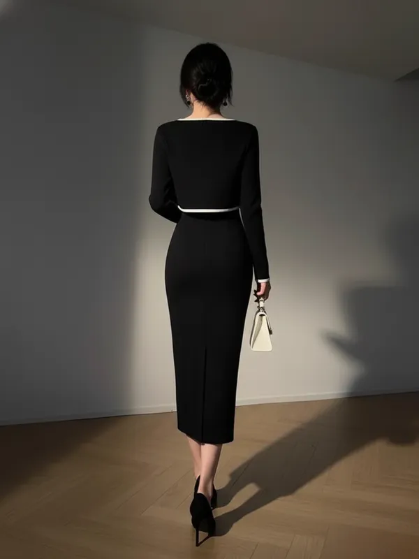 Ekeshwara_Elegant_Black_Bodycon_Midi_Dress_with_Contrast_Piping|_Model_Height_5.8inch_,_Fabric_All_Way_Stretchable