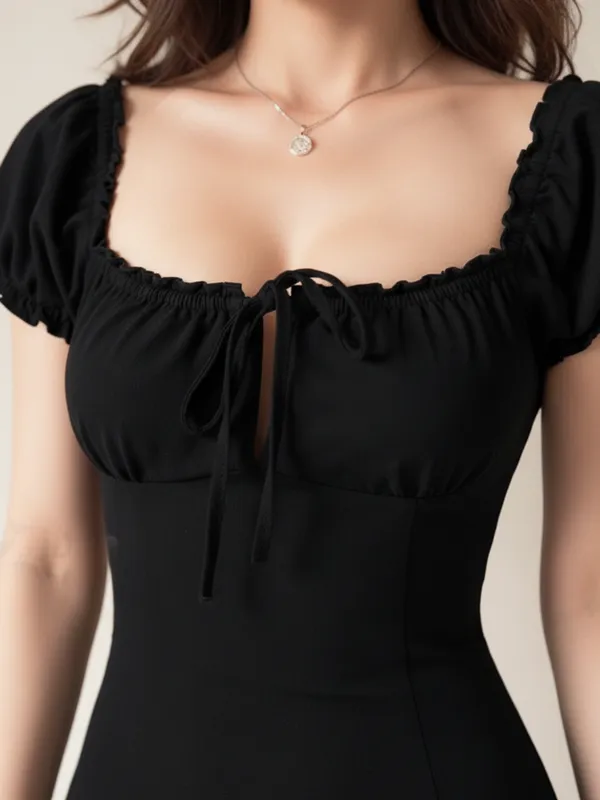 Ekeshwara_Elegant_Black_Bodycon_Mini_Dress_with_Puff_Sleeves|_Model_Height_5.8inch_,_Fabric_All_Way_Stretchable